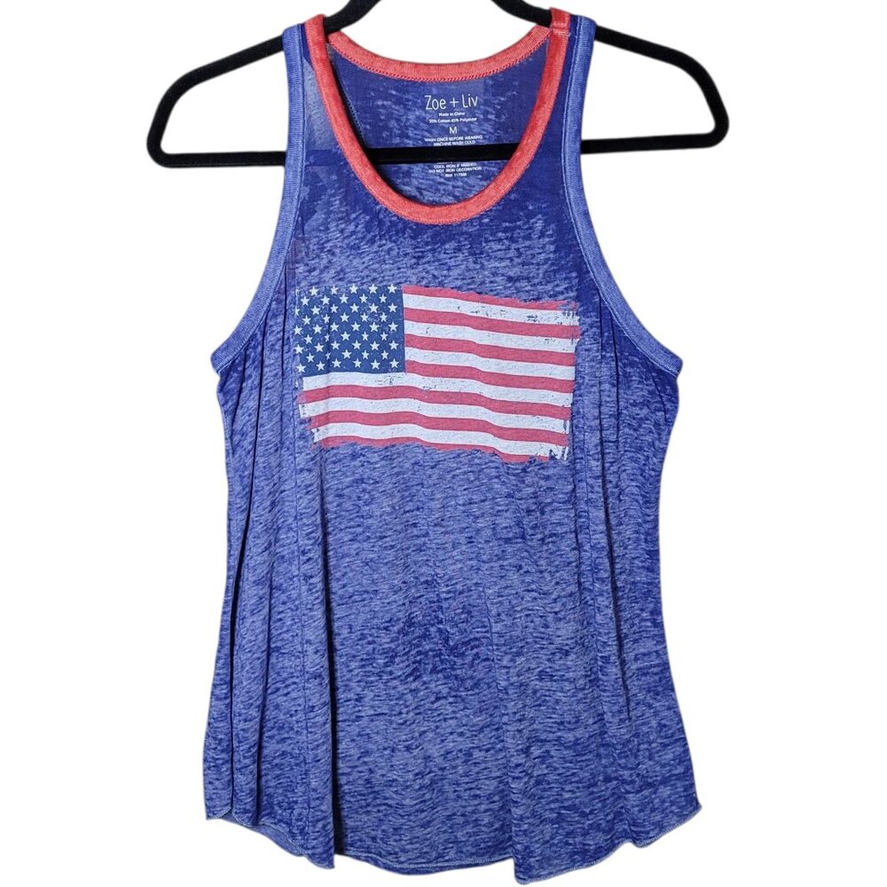 Zoe + Liv American Flag Patriotic Distressed Burnout Racerback Tank Top Medium